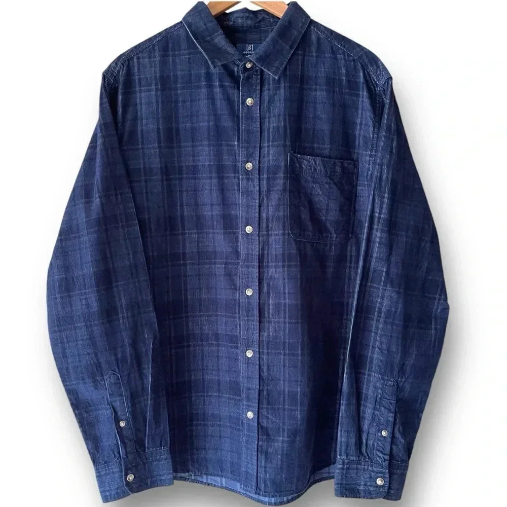 NWOT George Men's XL Corduroy Flannel Dark Navy Plaid Long Sleeve Chest Pocket